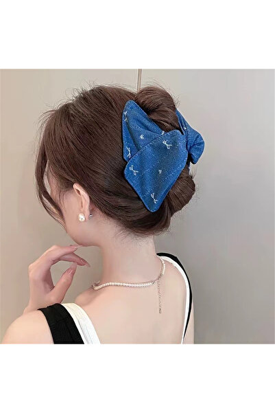Pelin Aksesuar Blue Denim Fabric Bow Design Latch Buckle