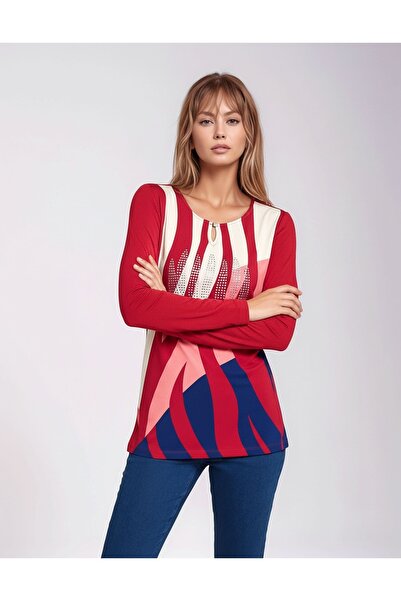 MAMAYAGA Women's Crew Neck Stretchy Patterned Stone Viscose Long Sleeve Curve Plus Size Blouse