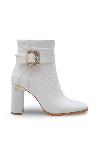 Women Lay-z Women's White Snake Patent Leather Boots, 9.5 cm Heel, Square Toe, Shiny Buckle and Gold Detailed Elegan Model