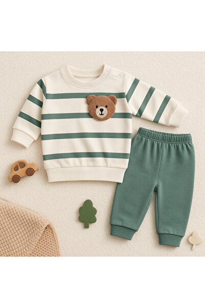 mini mia Bear Embroidered Striped Baby 2-Piece Set – Sweatshirt and Bottoms, Everyday Comfort