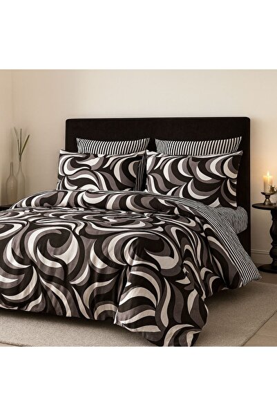 Casa Pucioasa 6-Piece Cotton Finet Bed Linen Set, Abstract Black/Grey/White Design