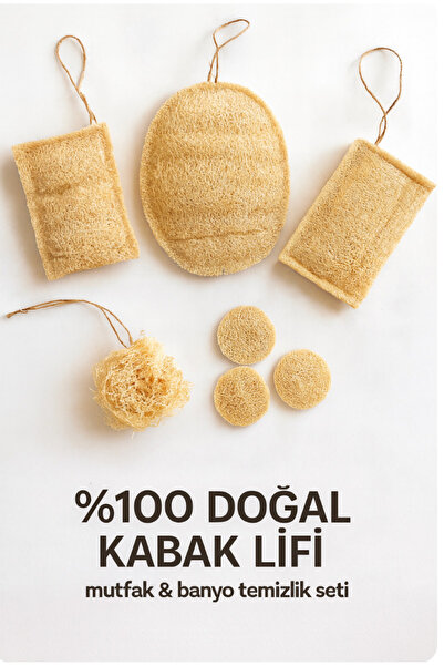 Tasarım Doğal Kabak Lifi 5’li Set – 2 Sünger + Tel + Banyo Lifi + 3’lü Yüz Pe...
