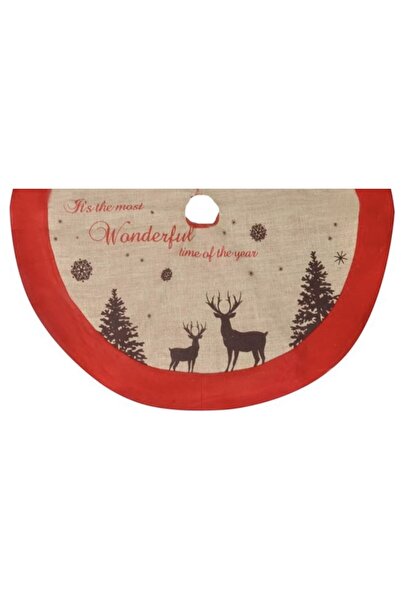 Dekoraifu Beige jute Christmas tree skirt with red border and print, 1 m