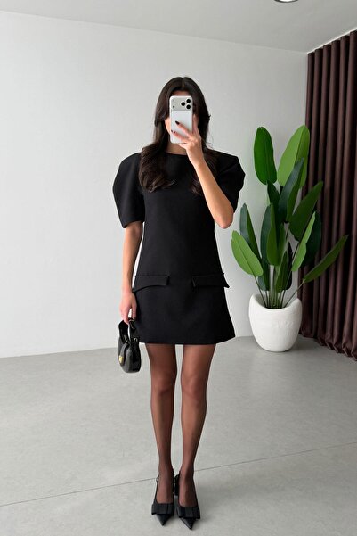 ECEMİ Folde Siyah Balon Kol Mini Elbise