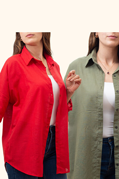 Justime Women's Oversized Cotton Linen Red - Army Green Shirt