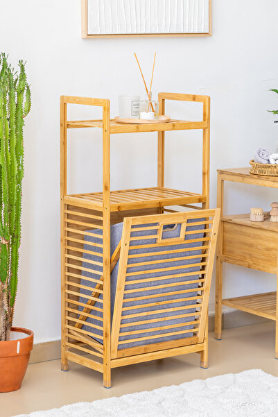 Eskabia Bambu Kirli Çamaşır Sepeti Raflı Çok Amaçlı Banyo Düzenleyici