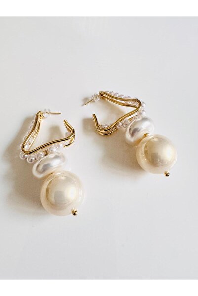 DEVİ fashion Büyük Top İnci Gold Abiye Küpe 7 cm