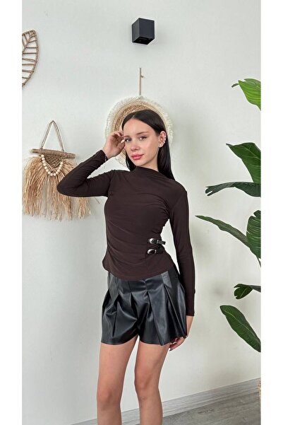 modadagiyim Burgundy Turtleneck Side Belt Detailed Gathered Long Sleeve Stretch Fabric Blouse