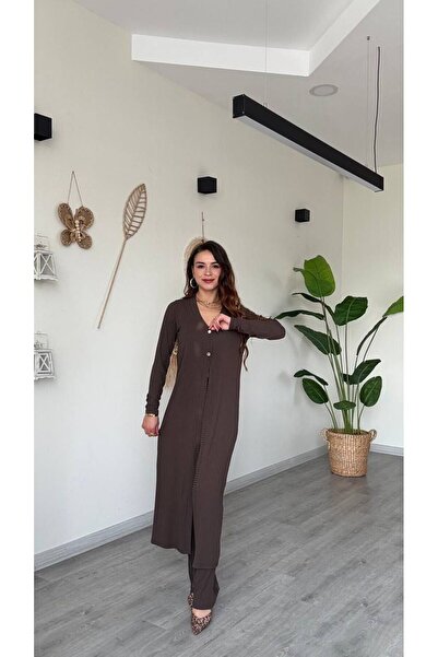 modadagiyim Burgundy Cardigan Pants Top and Bottom Two-Piece Knitwear Set