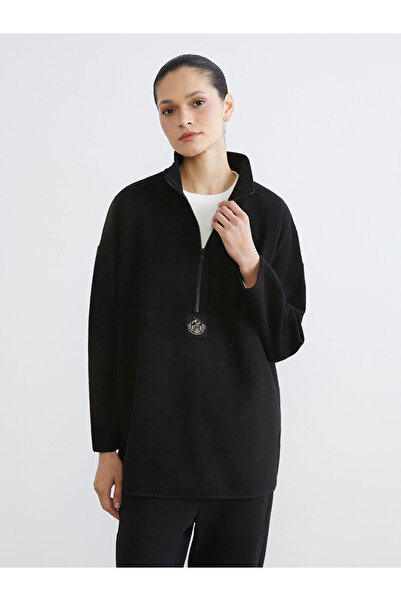 LC Waikiki Siyah Dik Yaka Nakışlı Polar Kadın Sweatshirt Tunik