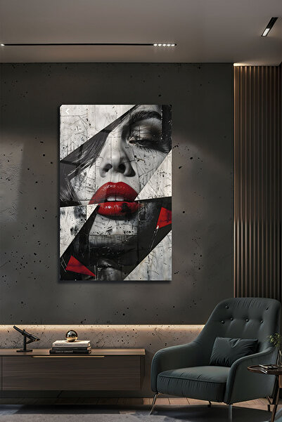 B&G DESIGN Kırmızı Dudaklar Soyut Kadın Yüzü Pleksi Tablo Graffiti Street Art Stilinde Cam Tablo