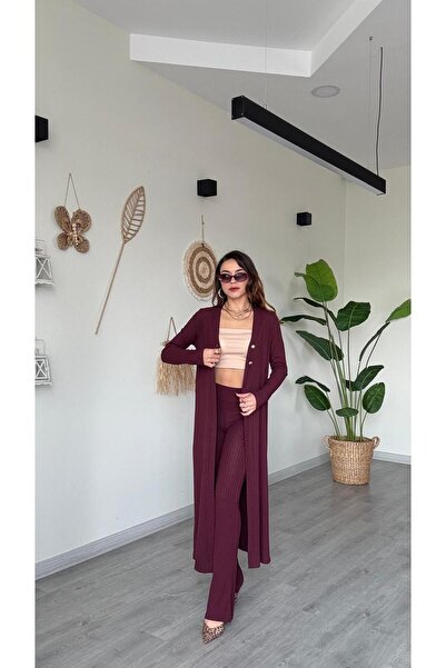 modadagiyim Burgundy Cardigan Pants Top and Bottom Two-Piece Knitwear Set