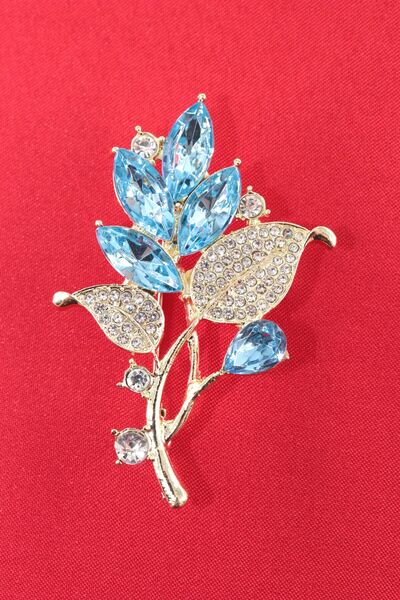 KEEBA Mavi tomurcuklu defne yaprağı broş, pırlanta kesim taşlı gold dallı kadın yaka iğnesi çiçekli broş.