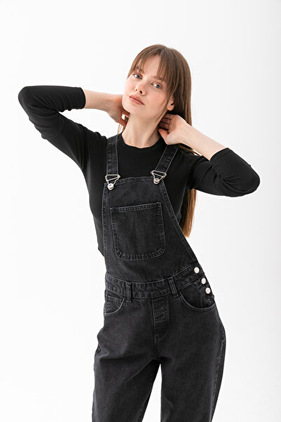 EtkiModa Women's Black Slim Fit Denim Jumpsuit