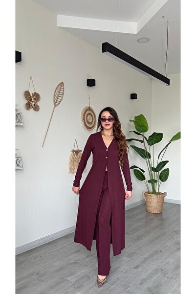 modadagiyim Burgundy Cardigan Pants Top and Bottom Two-Piece Knitwear Set