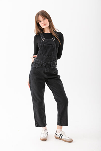 EtkiModa Women's Black Slim Fit Denim Jumpsuit