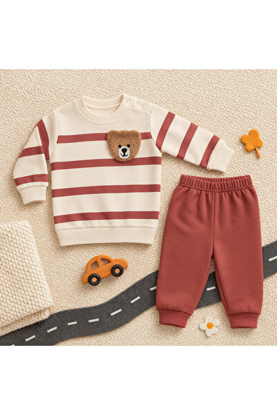 mini mia Bear Embroidered Striped Baby 2-Piece Set – Sweatshirt and Bottoms, Everyday Comfort