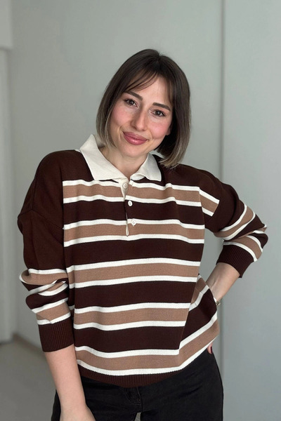 Kubos Moda Polo Neck Striped Sleeve Cuffed Brown Knitwear Sweater