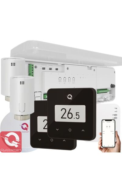 Quick Q20 Wireless Underfloor Heating Automation Kit, 8-zone Controller, 2x Q30 Thermostats, 2x QTV20 Head