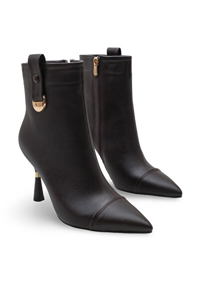 Women Lay-z Women's Brown Leather Boots, 9.5 cm Heel, Stylish Model with Pointed Toe Design, Gold Buckle and Heel Detail.