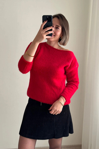 Kubos Moda Boat Neck Red Bearded Knitwear Sweater