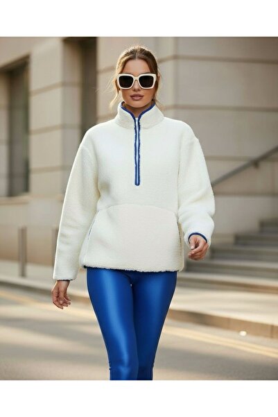 Grenj Fashion White Plush Knitted Sports Sweatshirt