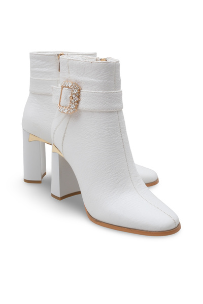 Women Lay-z Women's White Snake Patent Leather Boots, 9.5 cm Heel, Square Toe, Shiny Buckle and Gold Detailed Elegan Model