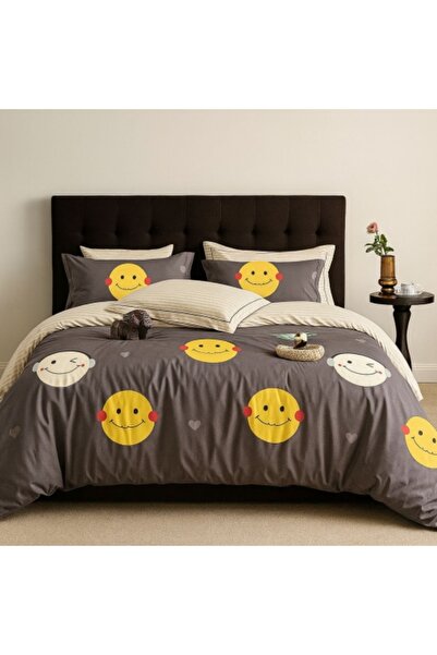 Casa Pucioasa 6-Piece Cotton Finet Bedding Set – Cheerful Emoji Yellow & Cream on Grey