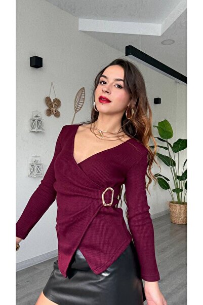 modadagiyim Burgundy V-Neck Buttoned Asymmetrical Cut Side Buckle Detail Long Sleeve Very Stylish Knitwear Blouse