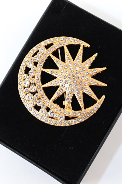 KEEBA Evrenin ışıltısı Güneş ve ay broş, kristal taşlı gold erkek kadın yaka iğnesi ay yıldızlı broş