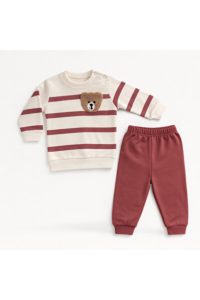 mini mia Bear Embroidered Striped Baby 2-Piece Set – Sweatshirt and Bottoms, Everyday Comfort