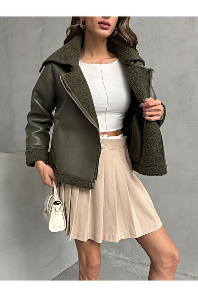 Hazinedan Women's Green Zippered Leather Fur Collar Short Coat