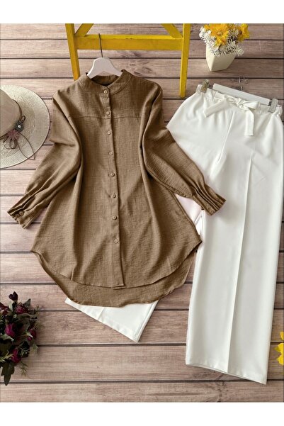 Modamorfo Sleeve Cuff Draped Oval Cut Shirt - Light Brown