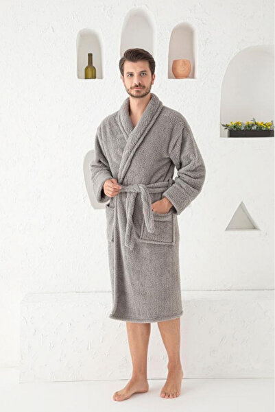 embody Men's cocolino dressing gown, soft and fluffy material, with pockets, grey