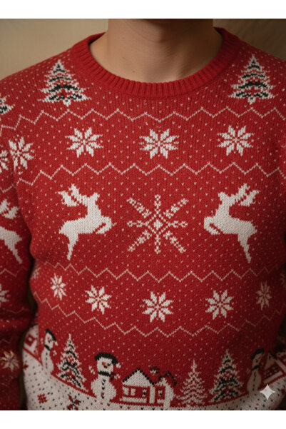 A&O Style Unisex Red Regular Fit Crew Neck Christmas Deer Themed Knitwear Sweater