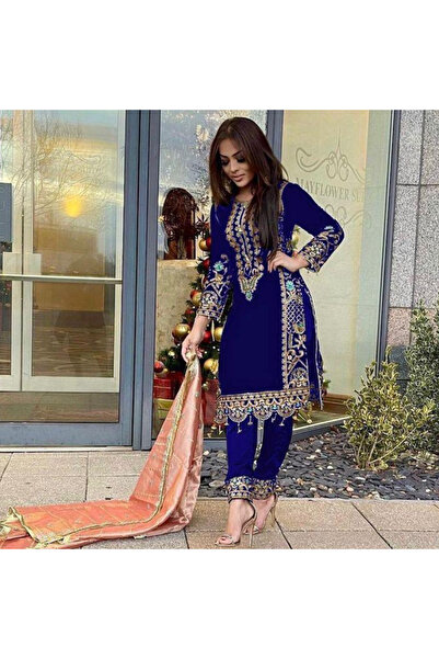 MYSMAR سالوار ودوباتا قميص مخملي من الفيسكوز الأزرق - HRT5520 | أزرق