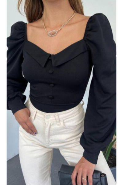 avolla tr Gömlek Yaka Düğme Detaylı Prenses Kol Crep Bluz