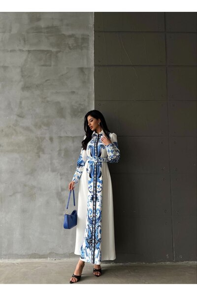 WellWay Atlas Fabric Full Button Detailed Dress (Belt Included)-Blue 4248