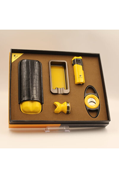 COHİBA Çakmak Kesici Küllük Kılıf Sehpa Beşli Sarı - Siyah Puro Seti