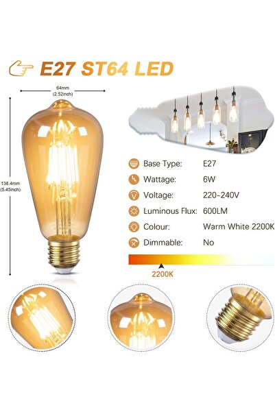 HYX LED Edison Bulb, 6-Pack 4W E27 ST64 Vintage Amber Glass, 2700K Warm White, Dimmable