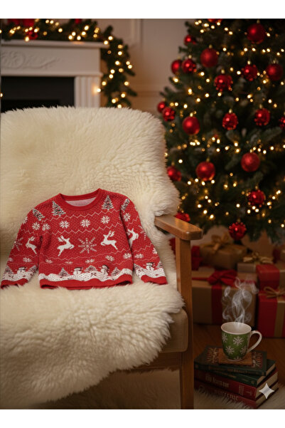 A&O Style Unisex Red Regular Fit Crew Neck Christmas Deer Themed Knitwear Sweater