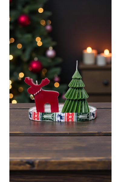 Christmas Decorative Candle Set – Green Pine Tree Candle & Red Deer Candle on White Stone Plate