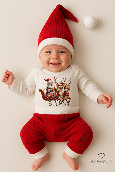 BABYDEN'S Bebek Yılbaşı Noel Kıyafeti 3’lü Takım,Noel Baskılı Uzun Kollu Body...