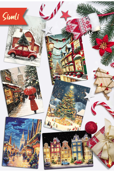 Mia Pera 6 Lı Simli Yılbaşı Kartpostal Seti Yeni yıl Kış Manzara Kardan adam Noel Baba Nostalji