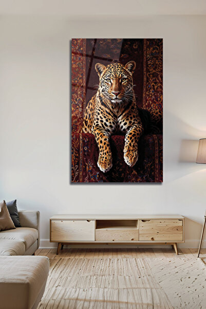 B&G DESIGN Güçlü Kaplan Dekoratif Lüks Halı Üzerinde Oturan Gerçekçi Leopar Cam Tablo