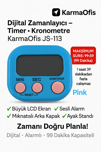 KarmaOfis Dijital Kronometre Mavi • Pembe Tuşlu Timer • 99 Dakika Zamanlayıcı...