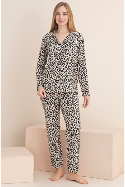 embody Women's buttoned pyjamas brown animal print, fine velour 5004
