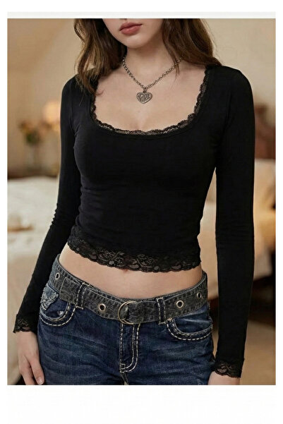 Köstebek Dantelli Kare Yaka Uzun Kollu Vintage Bluz