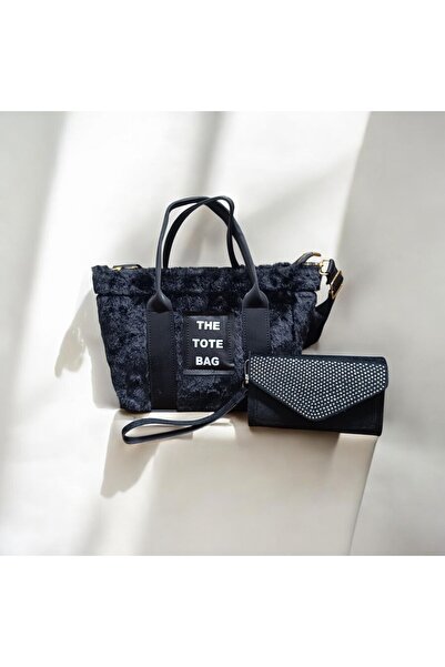 ZİVORA Women's Black Column Strap Fur Plush Crossbody Bag with Stone Multi-Compartment Wallet Set