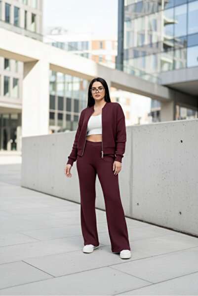EYLANA Plum Fleece-Lined Knit Pants Bomber Jacket Women's Set